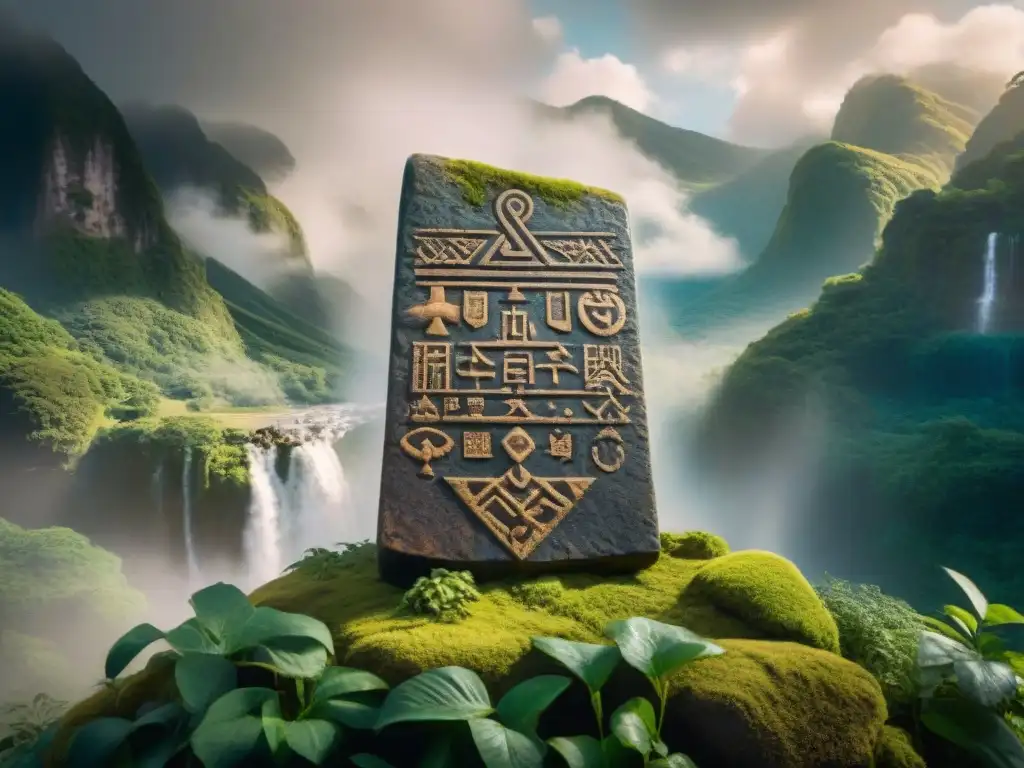 Misteriosos símbolos en antigua tablilla de piedra Una antigua tabla de piedra con símbolos místicos en un paisaje fantástico