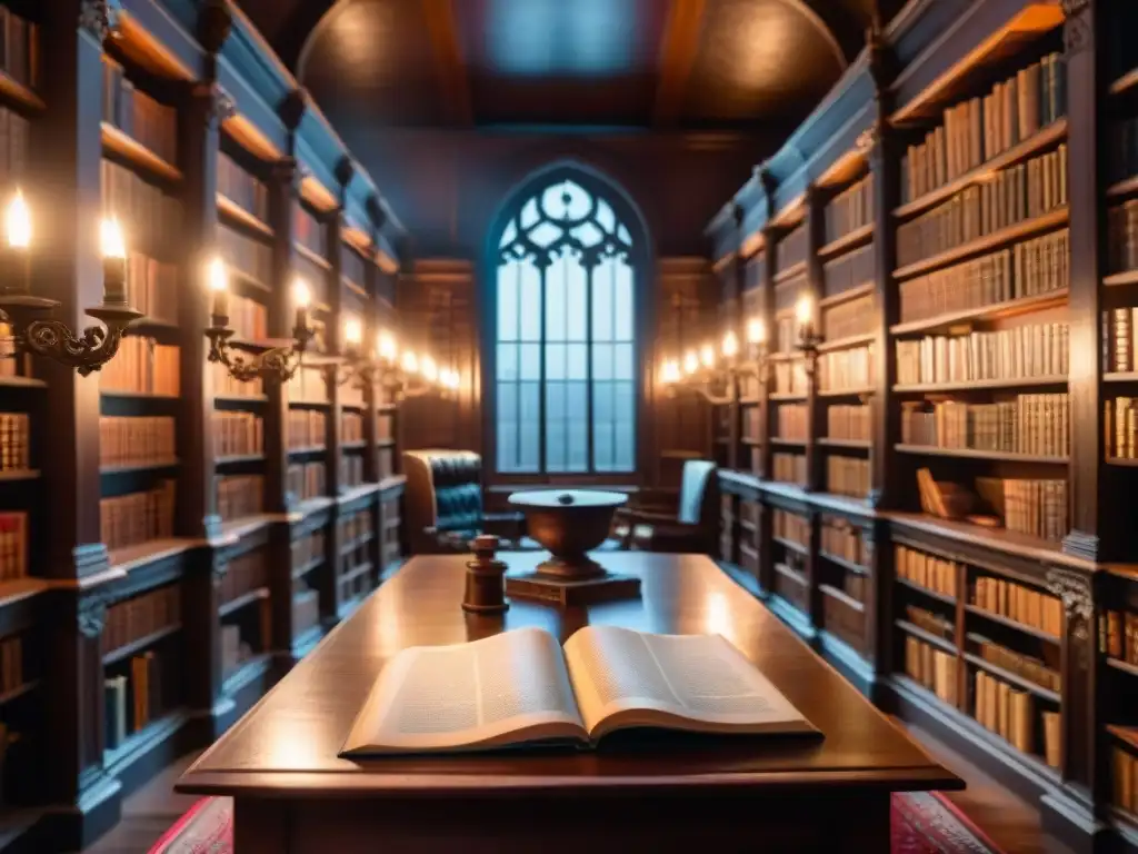 Un antiguo archivo lleno de libros encuadernados en cuero, iluminado por luz de velas, con una mesa de madera llena de pergaminos y tinteros