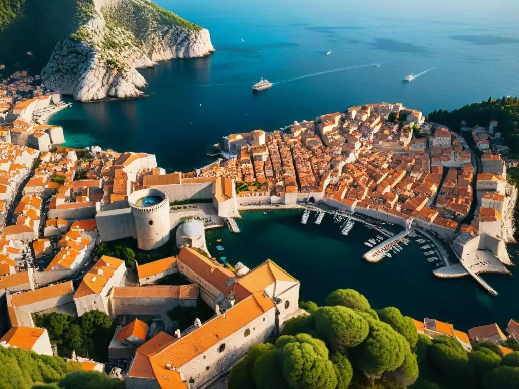 El antiguo casco antiguo de Dubrovnik iluminado por el cálido sol, con las murallas de la ciudad al atardecer y el mar Adriático de fondo