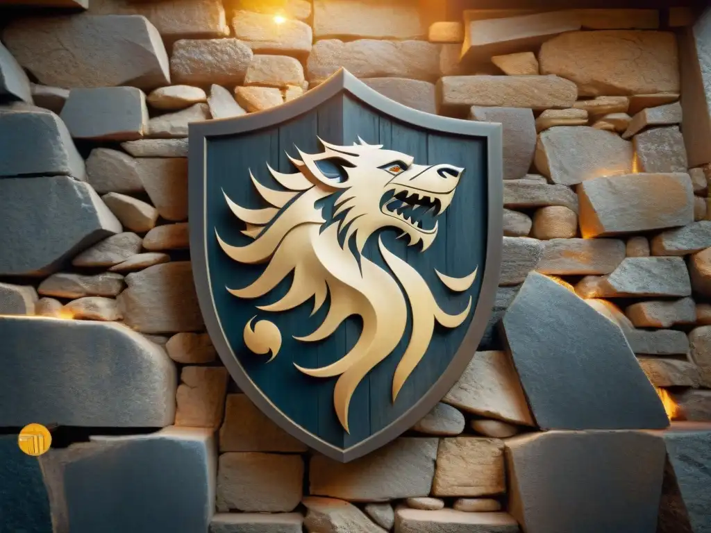 El antiguo emblema de la familia Stark de Game of Thrones tallado en una pared de piedra, iluminado por el sol, evocando honor y lealtad