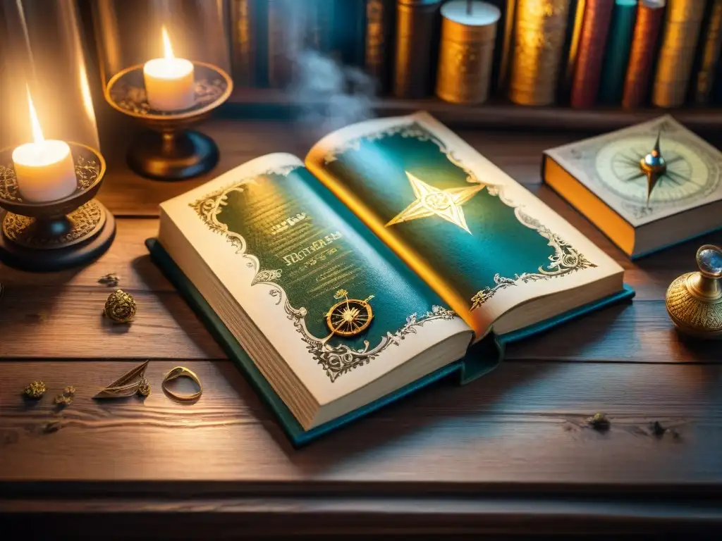 Mapas fantásticos en libro antiguo: detallados y misteriosos Un antiguo libro abierto con detallados mapas de otros mundos especiales, iluminado por cálida luz de velas en mesa de roble