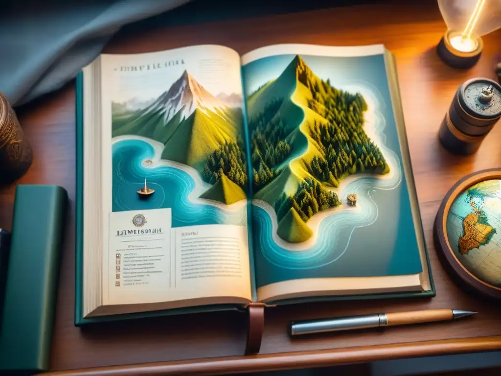 Mapa fantástico detallado en libro de cuero: aventura y misterio Un antiguo libro de cuero con detallado mapa fantástico