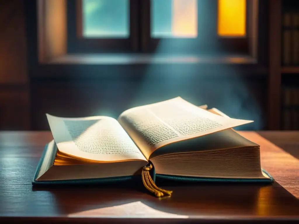 Un antiguo libro de cuero con símbolo místico iluminado por luz dorada en una mesa de madera