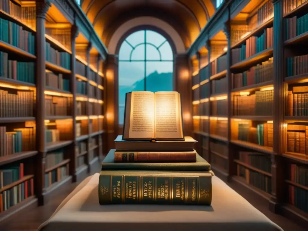 Un antiguo libro decorado reposa en un pedestal de piedra en una misteriosa biblioteca llena de tomos similares