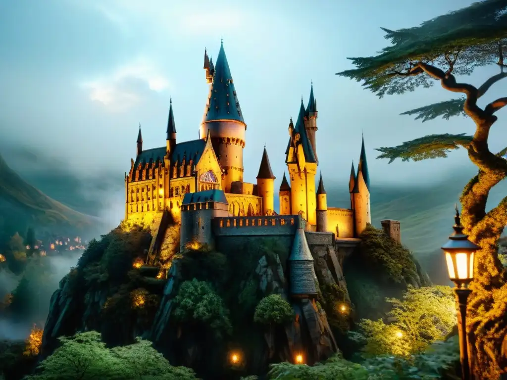 El antiguo y majestuoso Castillo de Hogwarts entre un bosque místico, iluminado por lámparas flotantes, bajo un cielo estrellado