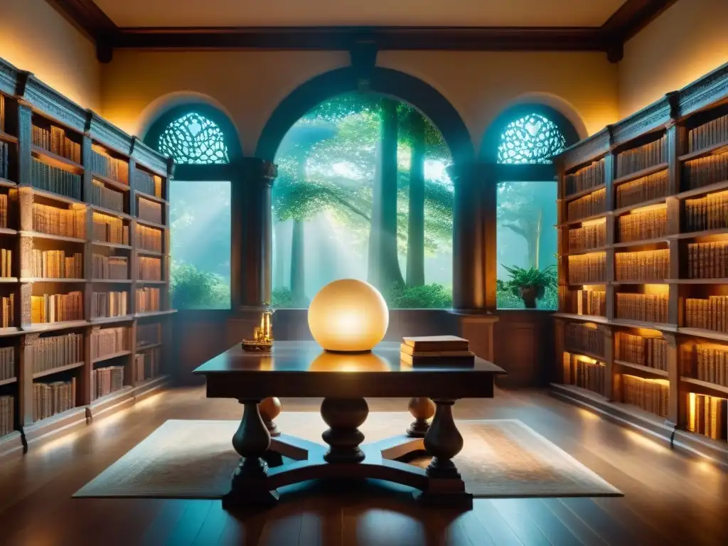 Un antiguo y majestuoso escenario de biblioteca en un bosque místico, con sabios estudiando en un ambiente de sabiduría ancestral