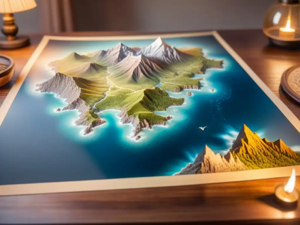 Un antiguo mapa detallado en una mesa iluminado por velas, ideal para crear mapas reinos ficticios