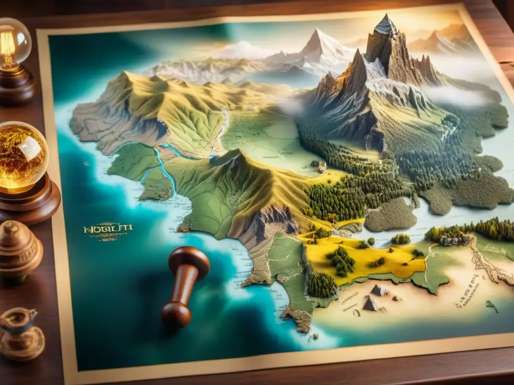 Mapa detallado de la Tierra Media: aventura y misterio Un antiguo mapa detallado de la Tierra Media sobre una mesa de madera, iluminado suavemente y destacando los intrincados detalles con una lupa