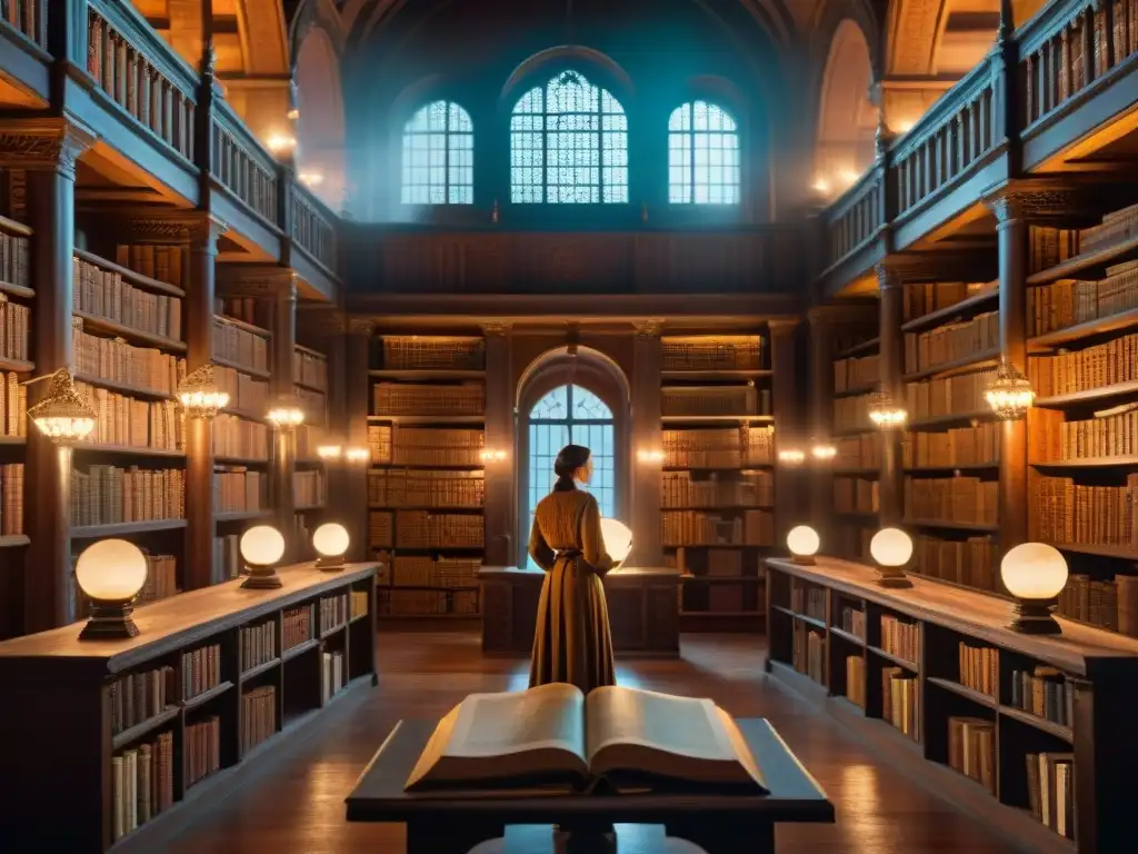 Un antiguo y misterioso escenario de una biblioteca llena de libros antiguos iluminada por velas, con un globo terráqueo en el centro