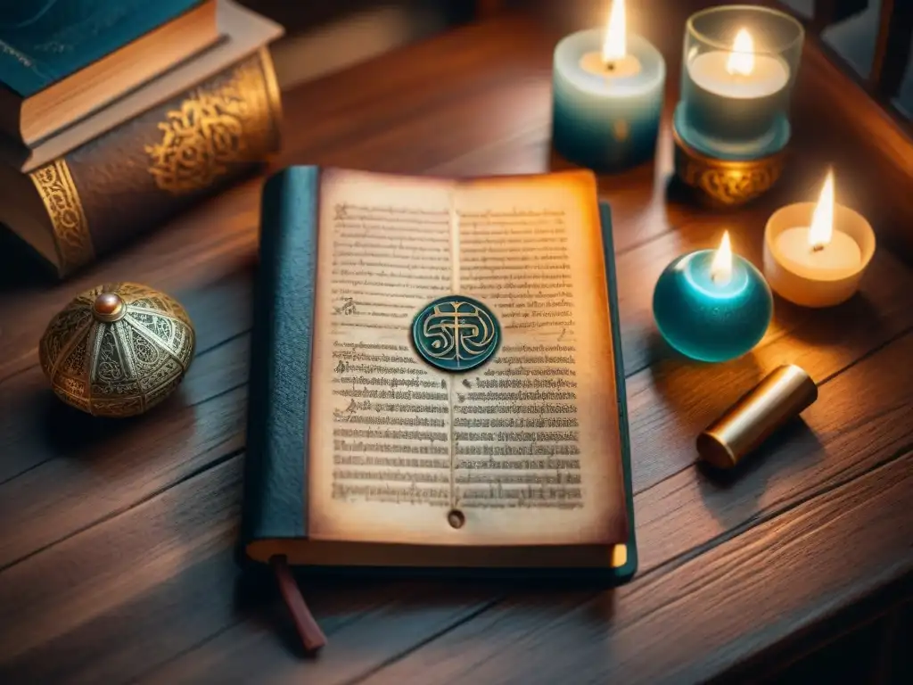 Libro antiguo con símbolos místicos: secretos y encantamientos Un antiguo y misterioso libro con símbolos místicos en su cubierta de cuero desgastado, iluminado por la tenue luz de las velas en una habitación