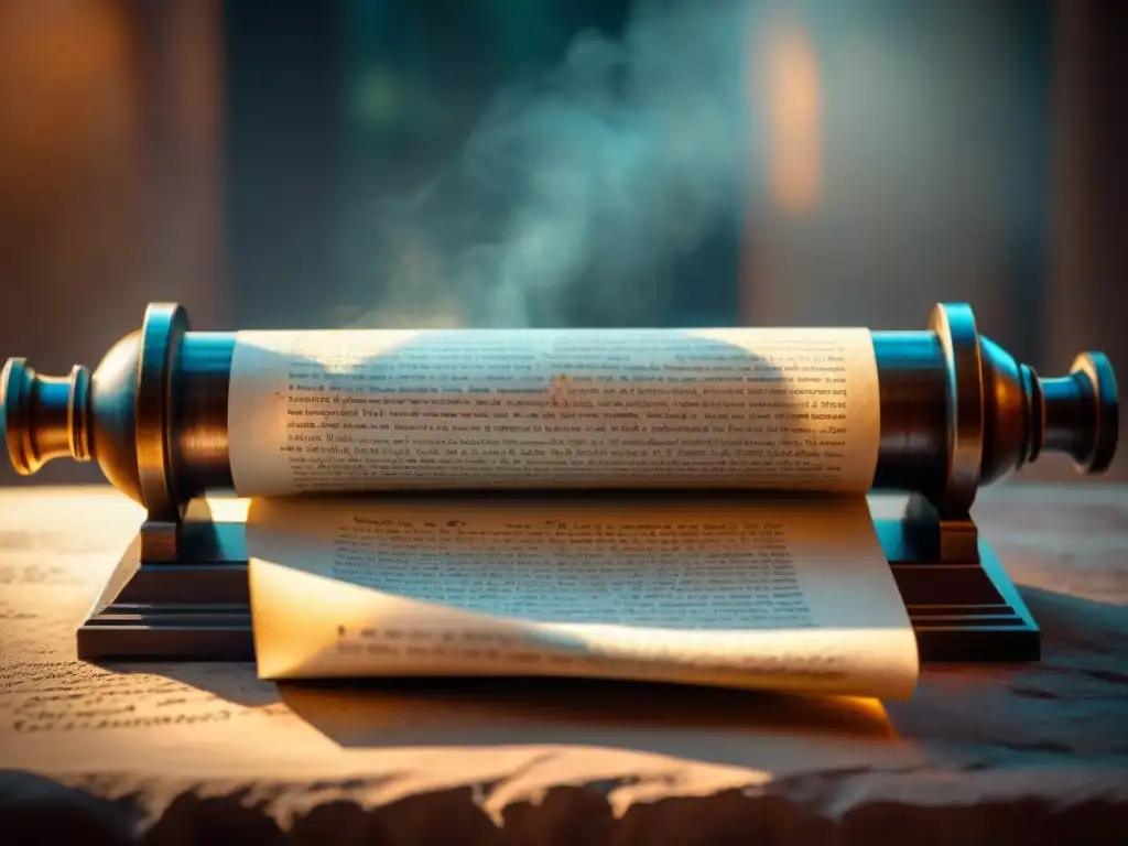 Pergamino mágico: El Señor de los Anillos Un antiguo pergamino desplegado en un altar de piedra, iluminado por runas místicas en el aire