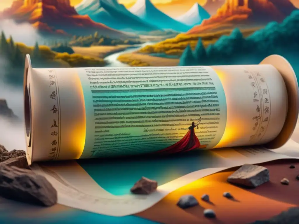 Rollos antiguos: criaturas míticas y dioses en un mundo mágico Un antiguo pergamino desplegado, mostrando una ilustración detallada de criaturas y dioses míticos de diversas civilizaciones, en un paisaje místico
