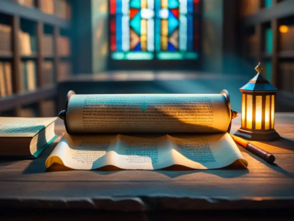 Antiguo pergamino élfico en mesa de piedra, iluminado por luz mística, en biblioteca misteriosa