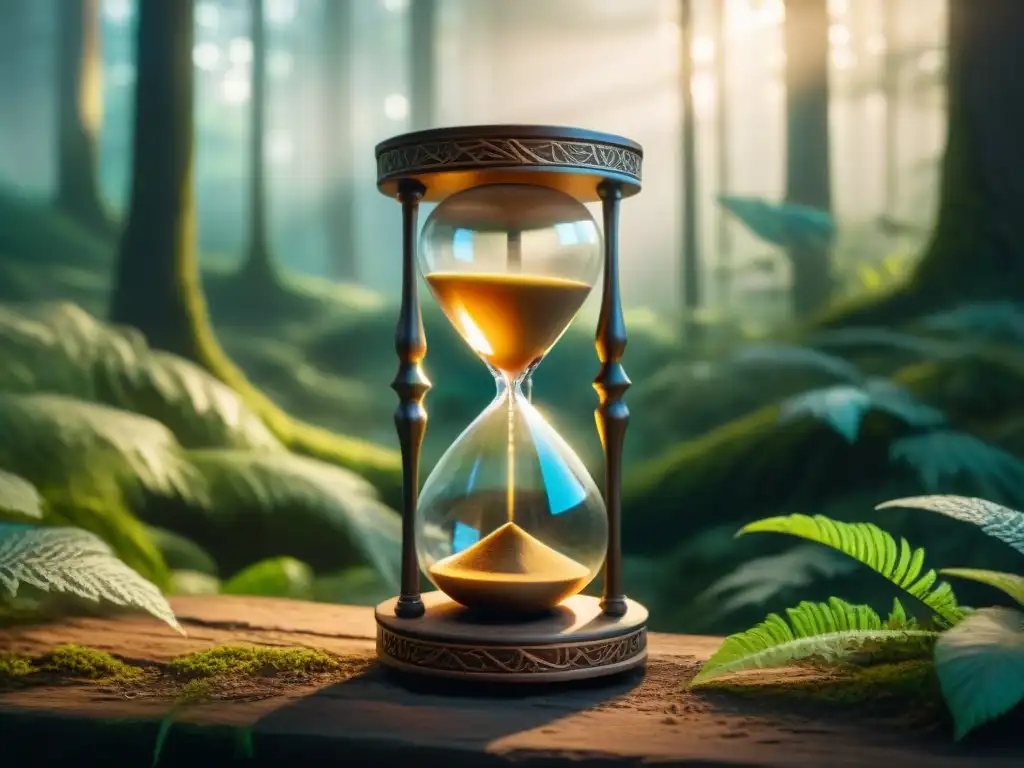 Majestuoso reloj de arena antiguo en bosque místico Un antiguo reloj de arena, adornado con símbolos rúnicos, brilla en un bosque místico