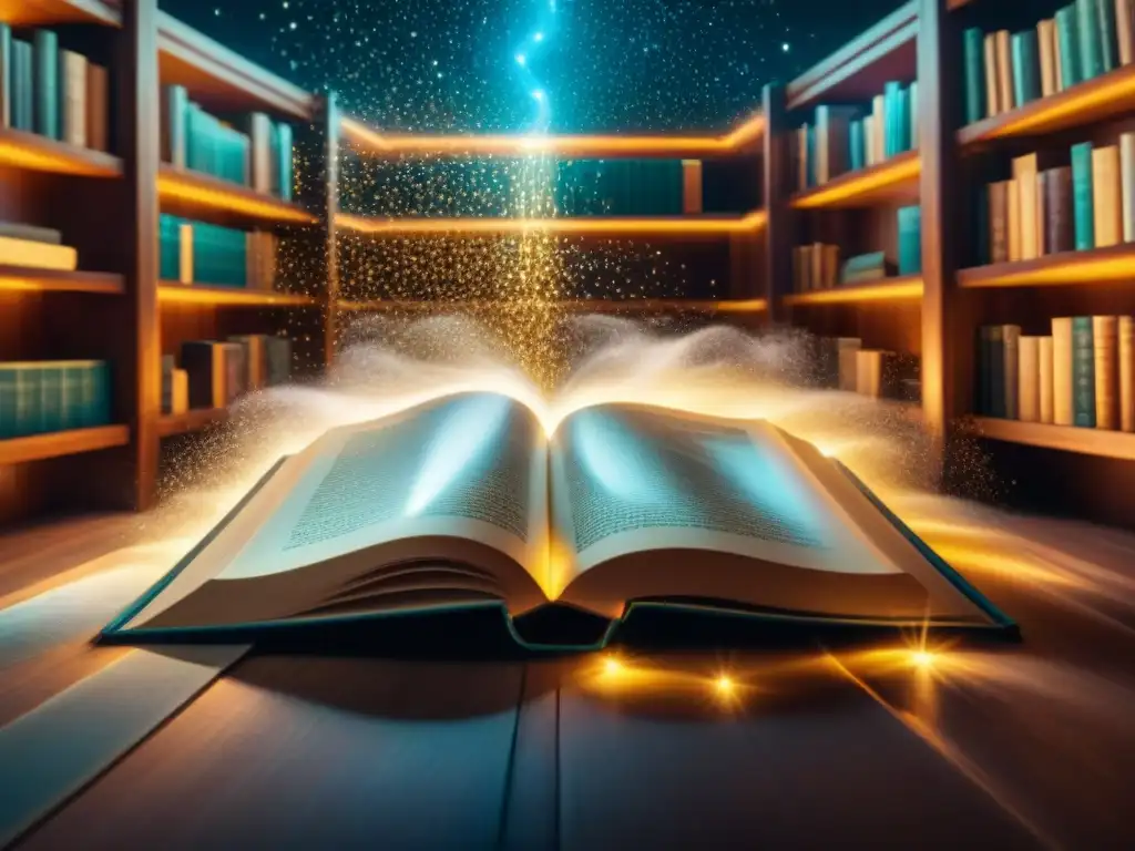 Un antiguo tomo flotando en luz etérea, revelación de mundos ficticios en mística biblioteca cósmica