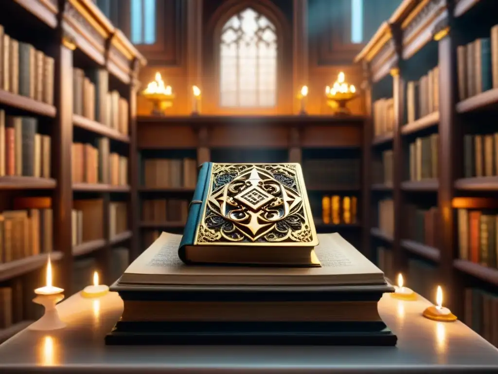 Un antiguo tomo místico reposa en un pedestal de piedra en una biblioteca oscura y ornada, iluminado por velas