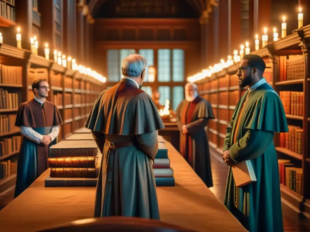 Antiguos eruditos en una biblioteca iluminada por velas, concentrados en libros en 'Orígenes de la magia verbal'