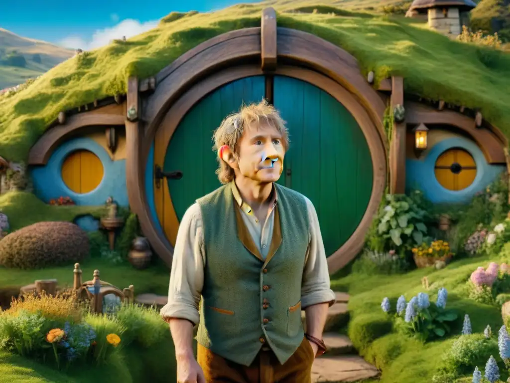 Bilbo Baggins en la apacible Comarca, con su puerta circular, reflejando Creencias religiosas en El Hobbit