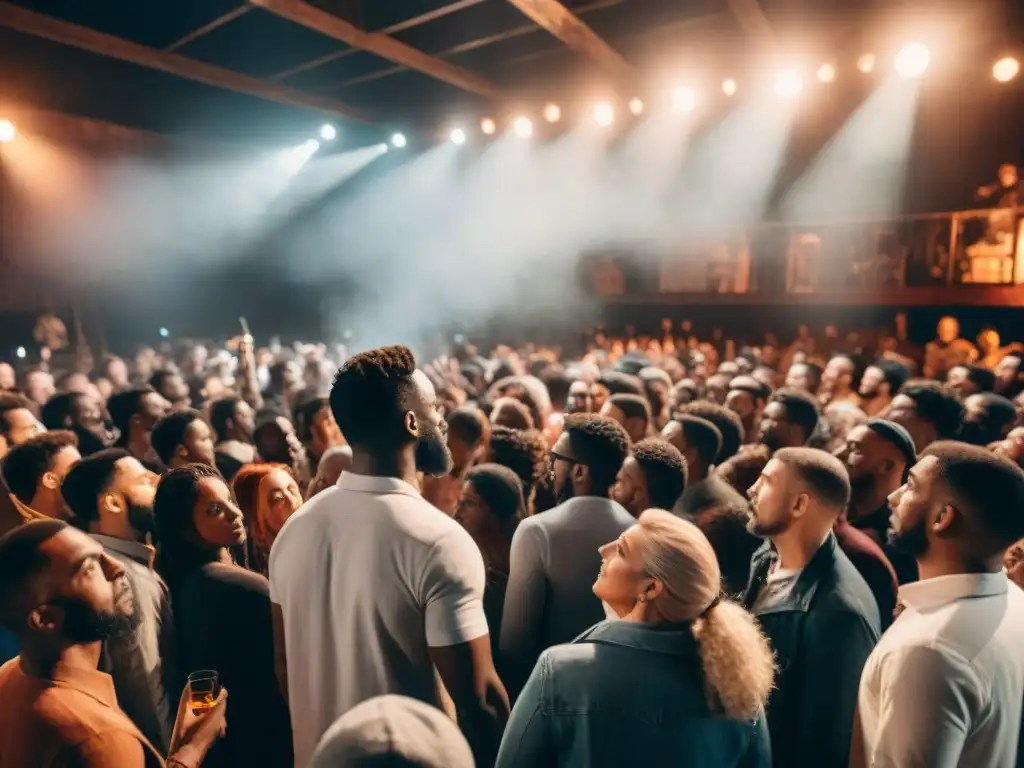 Un apasionado concierto en un sótano iluminado, donde la música como herramienta de cambio une a la diversa audiencia