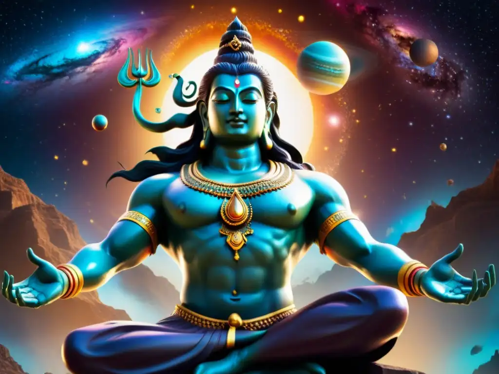 Apocalipsis en la danza de Shiva: Estatua majestuosa rodeada de cosmos vibrantes y caóticos