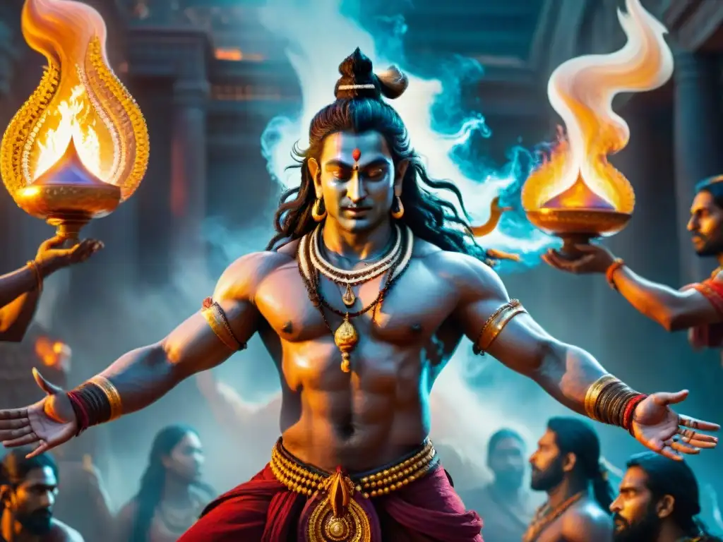 Apocalipsis en la danza de Shiva: Representación poderosa y dinámica de Shiva en vibrantes trajes indios, gestos intrincados y elementos cósmicos