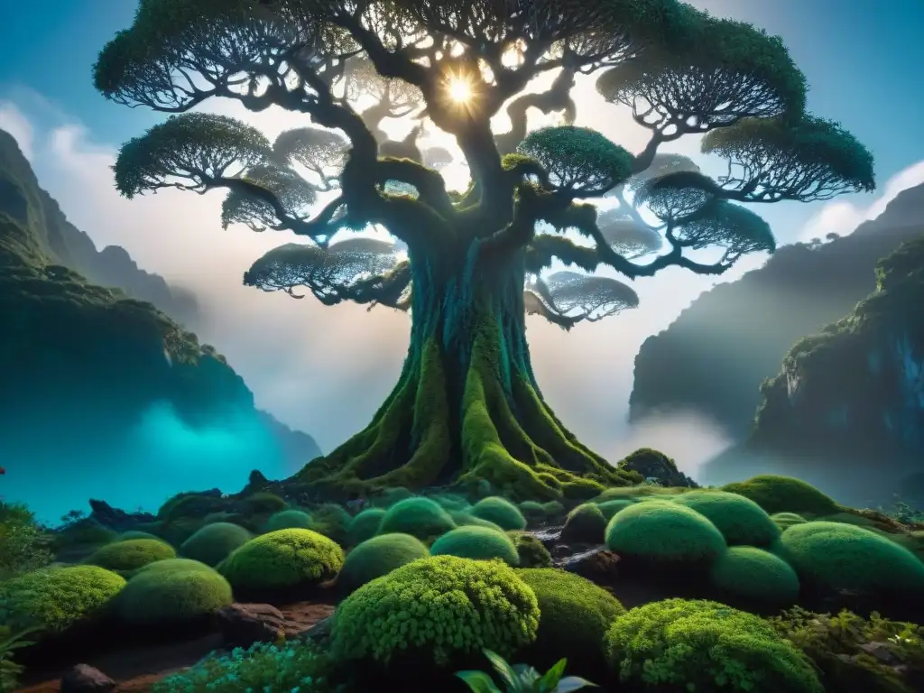 Árbol de Almas en la noche lumínica de Pandora, rodeado de montañas flotantes y flora bioluminiscente, reflejando el paganismo en Avatar mitología