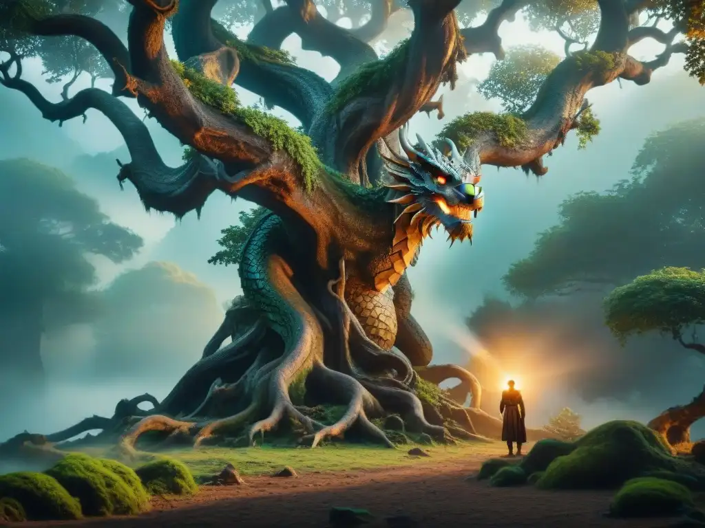 Un árbol ancestral se fusiona con un dragón majestuoso en un ambiente oscuro y místico, mientras un humano encapuchado sostiene un orbe brillante