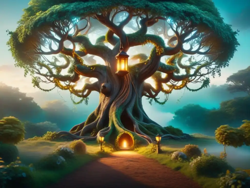 Árbol ancestral envuelto en energía mágica, con hadas y portal brillante