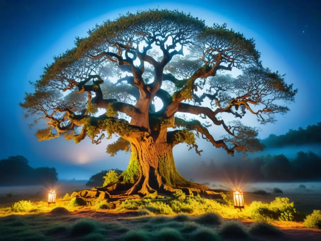 Árbol ancestral con runas y símbolos tallados, iluminado por la luna en un bosque místico