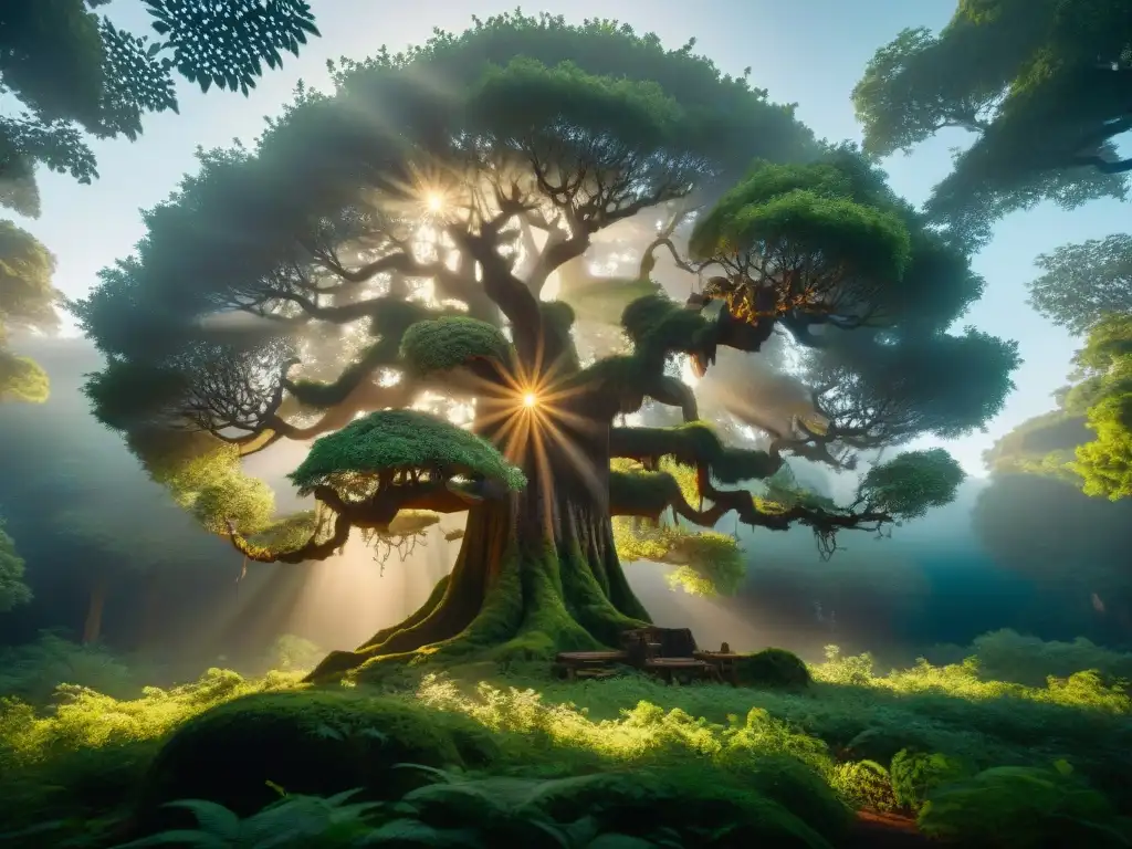 Majestuoso árbol ancestral: leyendas talladas en bosque místico Un árbol anciano y majestuoso, decorado con intrincadas leyendas antiguas, rodeado de luciérnagas en un bosque místico