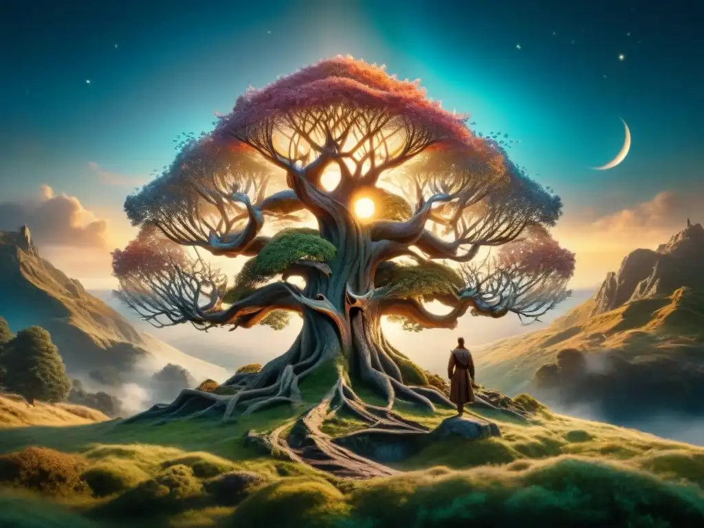 Un árbol antiguo y majestuoso en un bosque místico, evocando la mitología en el universo Tolkien