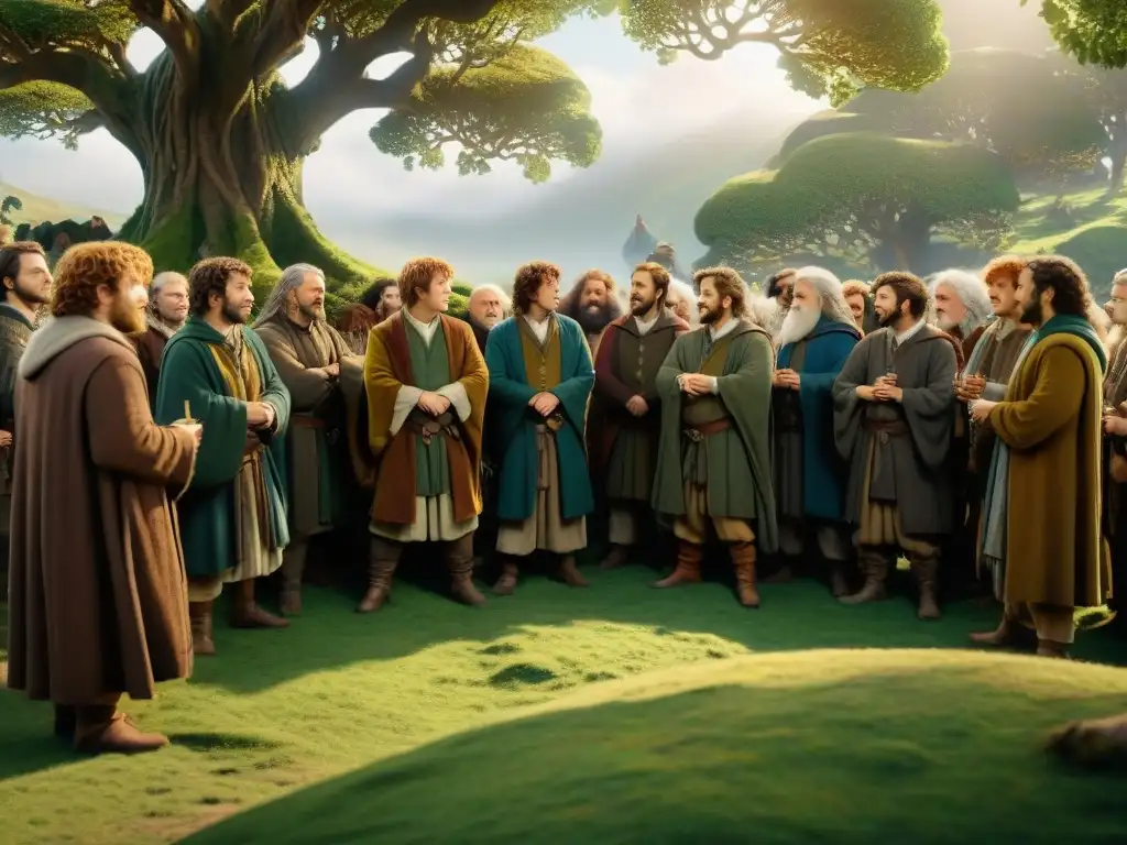 Hobbits debaten bajo el árbol de fiestas en una asamblea, mostrando el sistema político El Señor de los Anillos