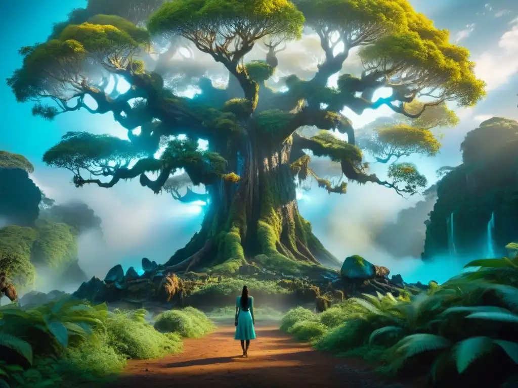 Un árbol luminoso rodeado de energía espiritual, evocando la influencia de creencias nativas en Avatar y Aang