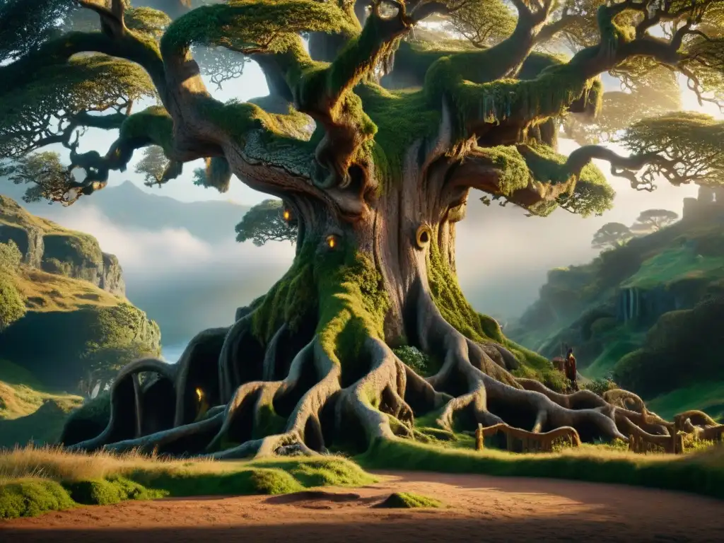 Un árbol majestuoso y antiguo en un bosque místico, evocando las creencias religiosas en El Hobbit