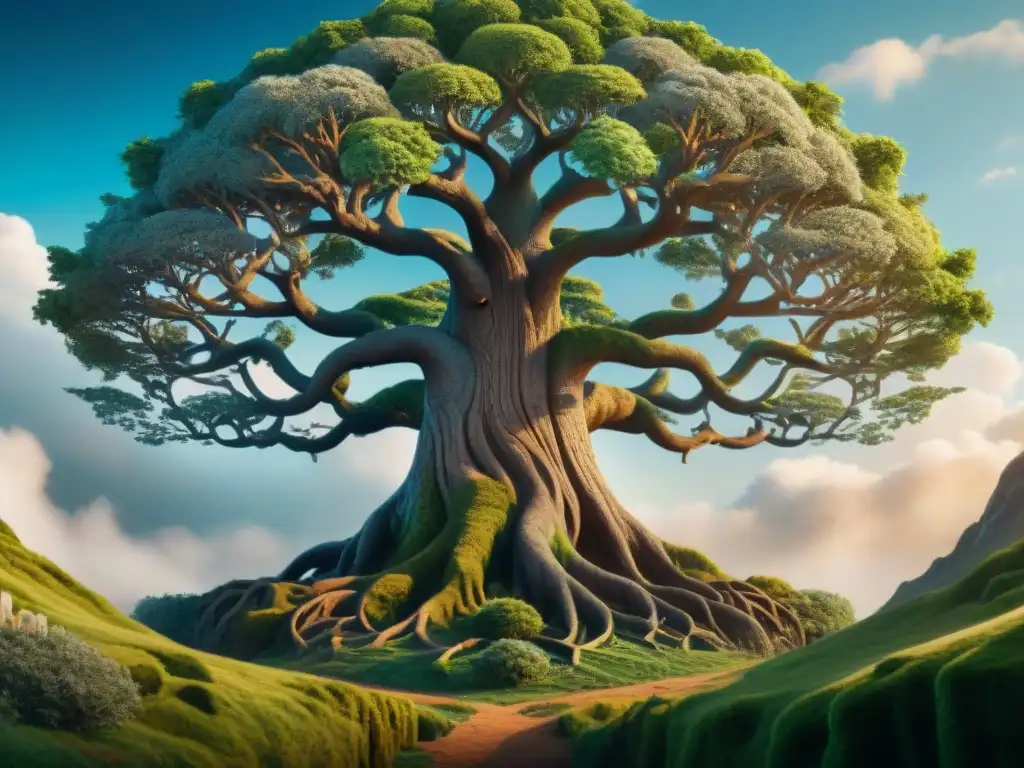 Un árbol Yggdrasil majestuoso se alza en el centro de los nueve mundos nórdicos, en un estudio geográfico de mitología nórdica