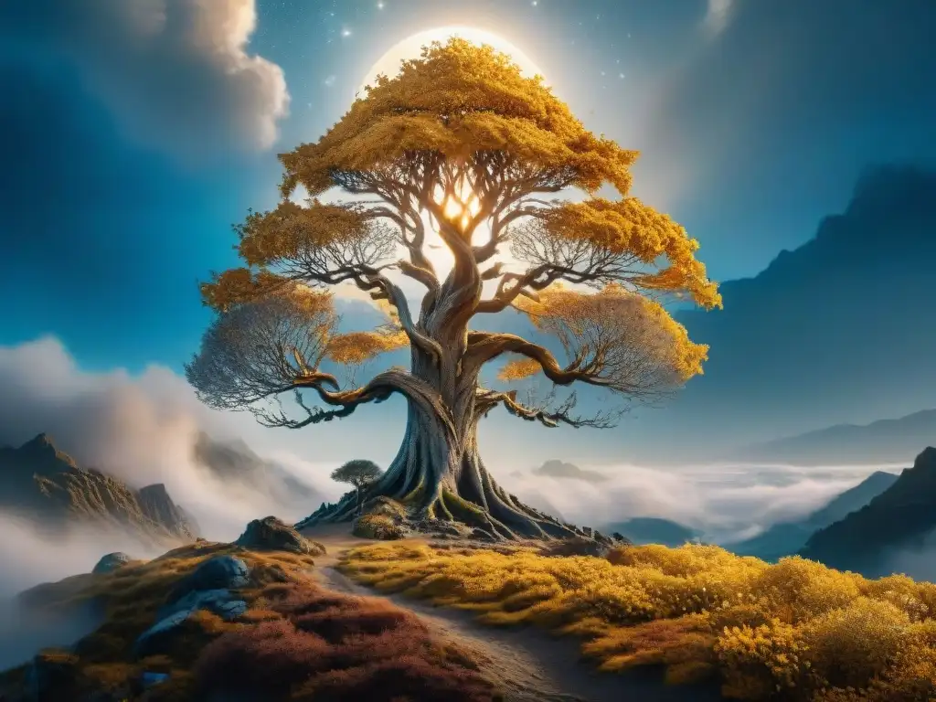 Los Dos Árboles de Valinor: majestuosidad y magia ancestral Dos Árboles de Valinor, Laurelin y Telperion, brillan en la tierra mística de Valinor, evocando la simbología en El Silmarillion Tolkien