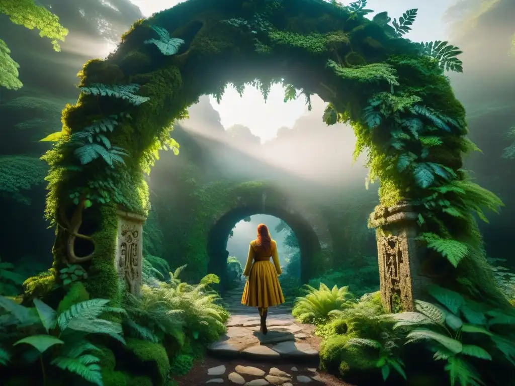 Un arco de piedra antiguo y cubierto de vegetación con símbolos místicos iluminados, revelación de mundos ficticios