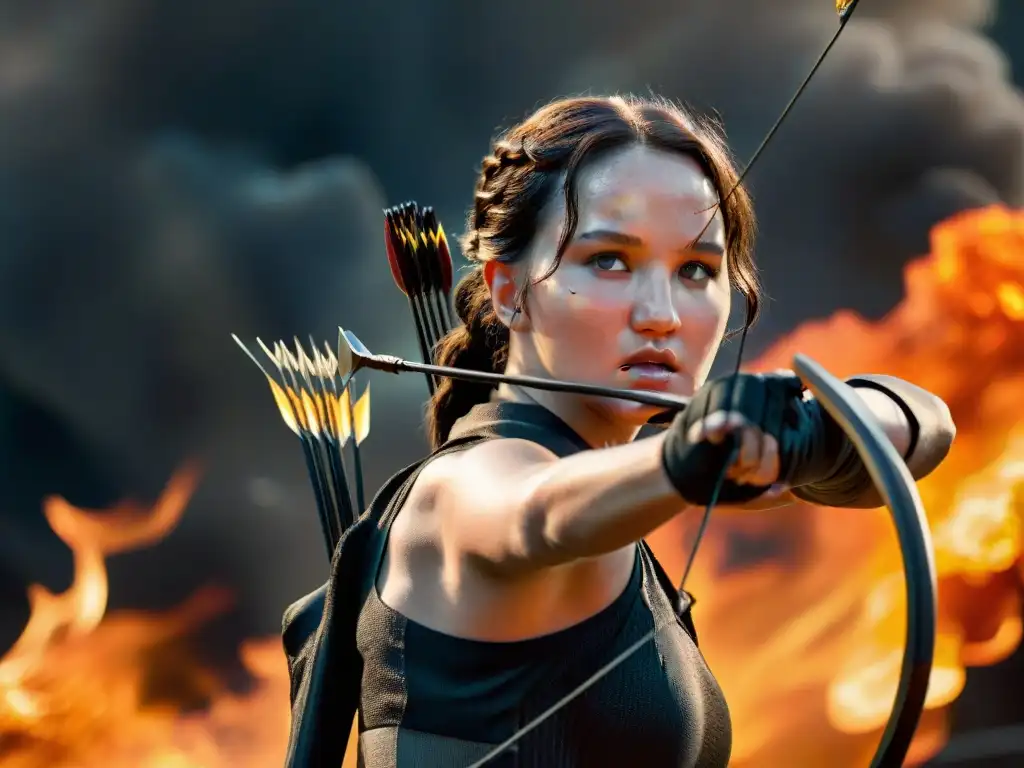 Katniss Everdeen muestra determinación en la arena en llamas, reflejando la transformación de The Hunger Games