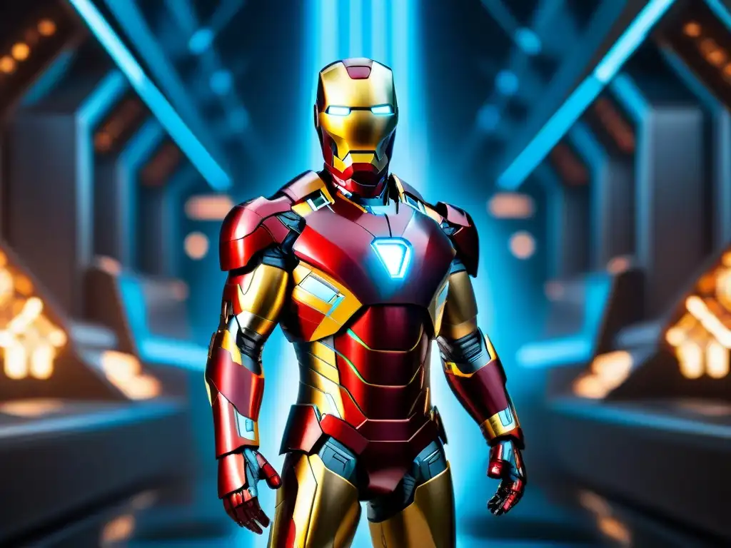 Iron Man en su armadura nanotecnológica roja y dorada rodeado de nanobots creando estructuras intrincadas