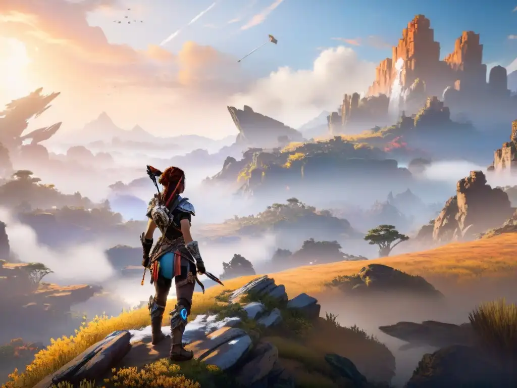 Aloy contempla la arqueología futura en Horizon Zero Dawn, desafiante ante la luz del atardecer