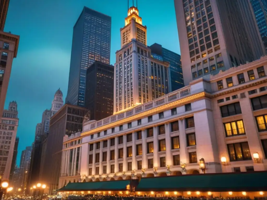 Arquitectura art deco del emblemático Board of Trade Building de Chicago al anochecer, evocando la atmósfera de Gotham City en Batman Begins