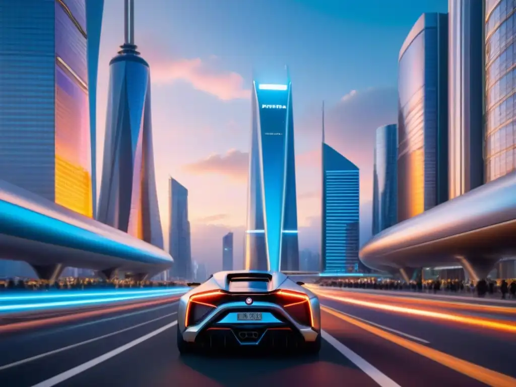 Arquitectura futurista en 'Fifth Element': Metrópolis vibrante con rascacielos curvos, luces neón y autos voladores al atardecer
