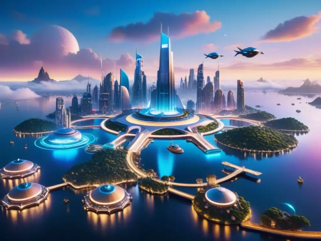 Arquitectura de mundos ficticios: Ciudad futurista en islas flotantes con rascacielos brillantes y naves voladoras en un cielo estrellado