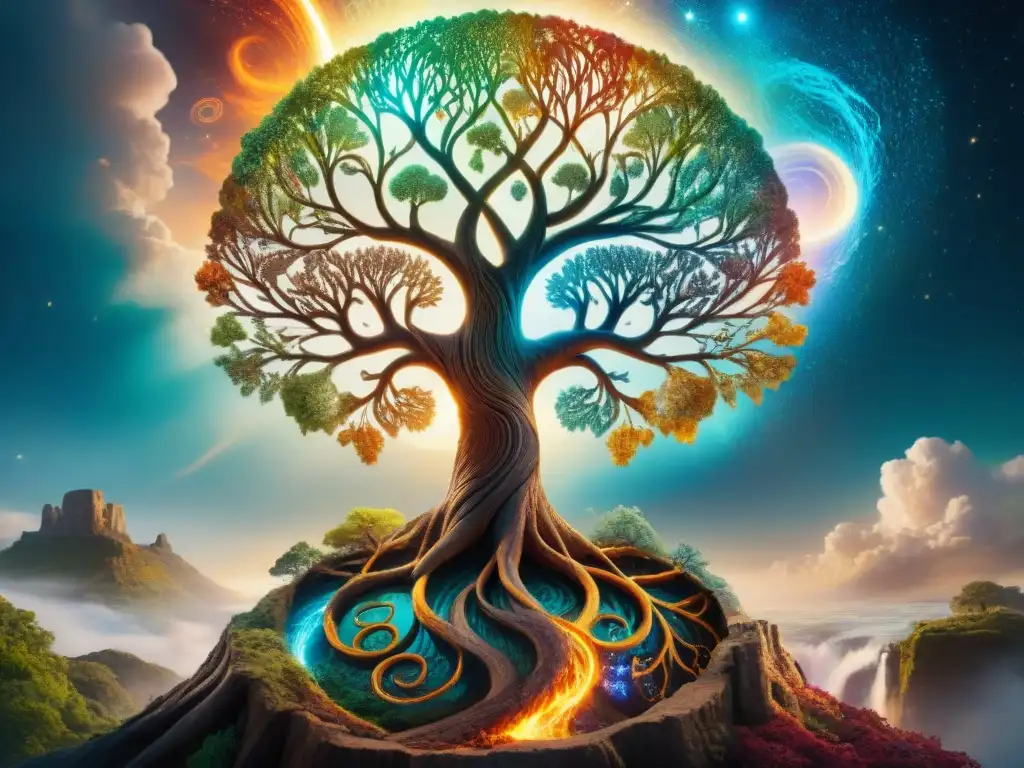 Arte vívido de un árbol de la vida rodeado de energías elementales, evocando el Paganismo en Avatar mitología