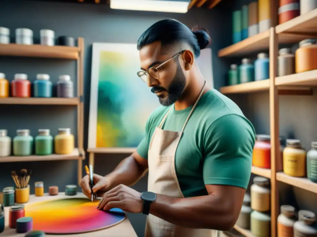 Un artesano personaliza, en una obra detallada, una bolsa de tela en su taller iluminado con calidez