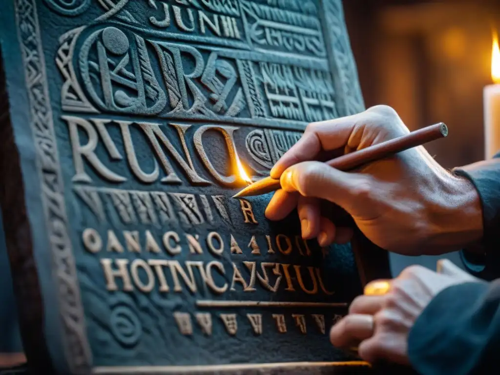 Artesano esculpe símbolos rúnicos en piedra antigua Un artesano talla con precisión símbolos rúnicos en una tablilla de piedra, iluminado por la tenue luz de las velas