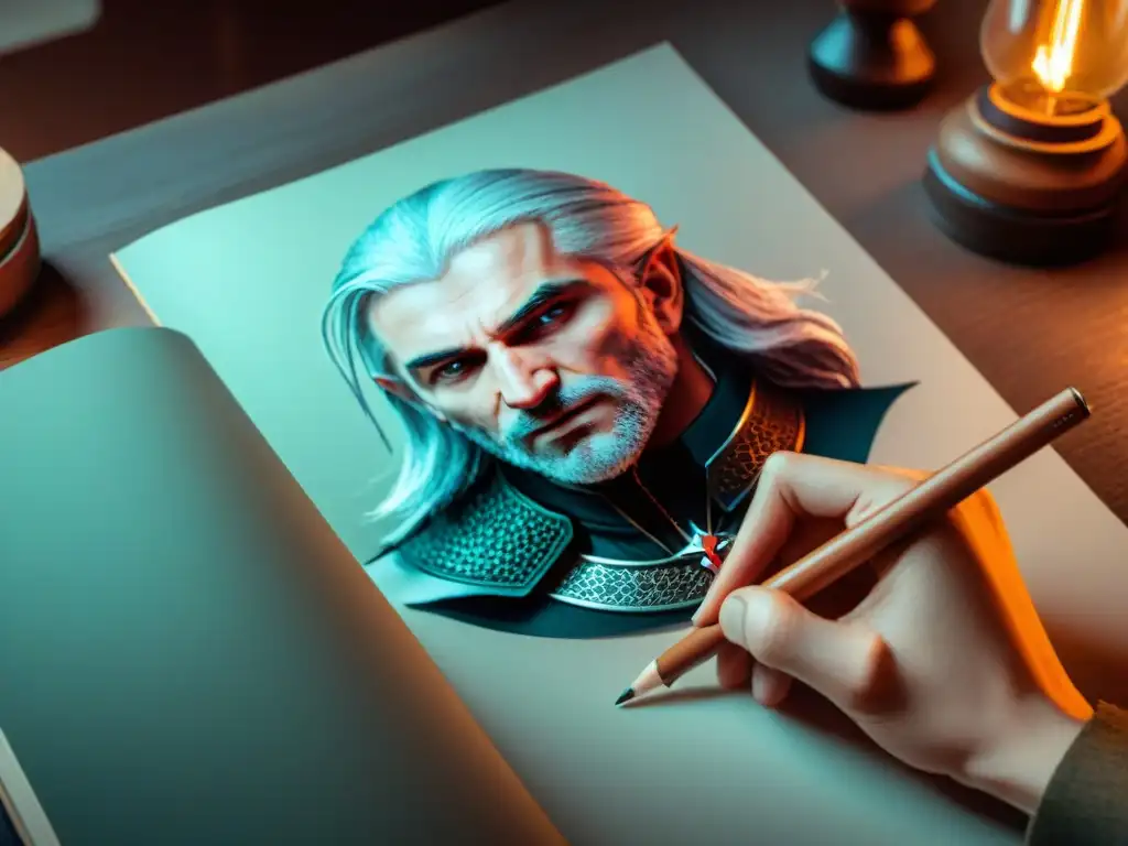 Un artista detalladamente esbozando diseños para 'The Witcher', rodeado de arte conceptual y libros de referencia, con iluminación dramática