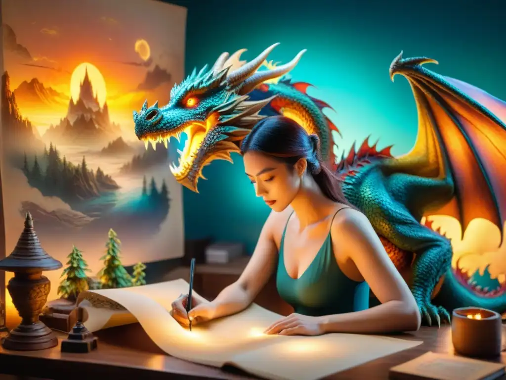 Un artista hábil en su estudio, iluminado por una lámpara, pintando un majestuoso dragón sobre un bosque místico