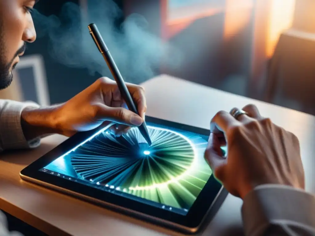 Un artista crea fan art detallado en tablet digital con iluminación suave