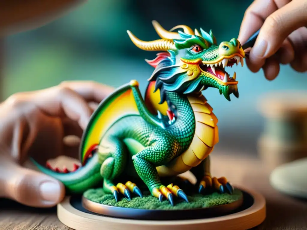 Un artista hábil pinta a mano un dragón en miniatura en detallado, capturando la pasión del merchandising personalizado Reinos de Leyenda